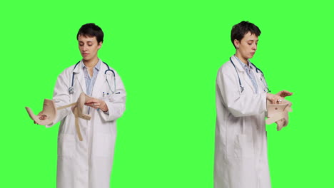 Orthopedics-specialist-holding-a-cervical-neck-collar-against-greenscreen